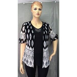 Appointments Short Sleeve Layered Dressy Top Women's Plus Size 1X Black White